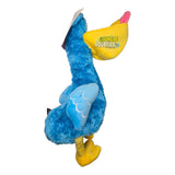 Q-Monster Dog Toy Blue Pelican, plush blue pelican toy with yellow beak and pink tongue for dogs.
