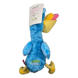 Q-Monster Dog Toy Blue Pelican, plush blue pelican dog toy with yellow beak, pink tongue, and blue wings.