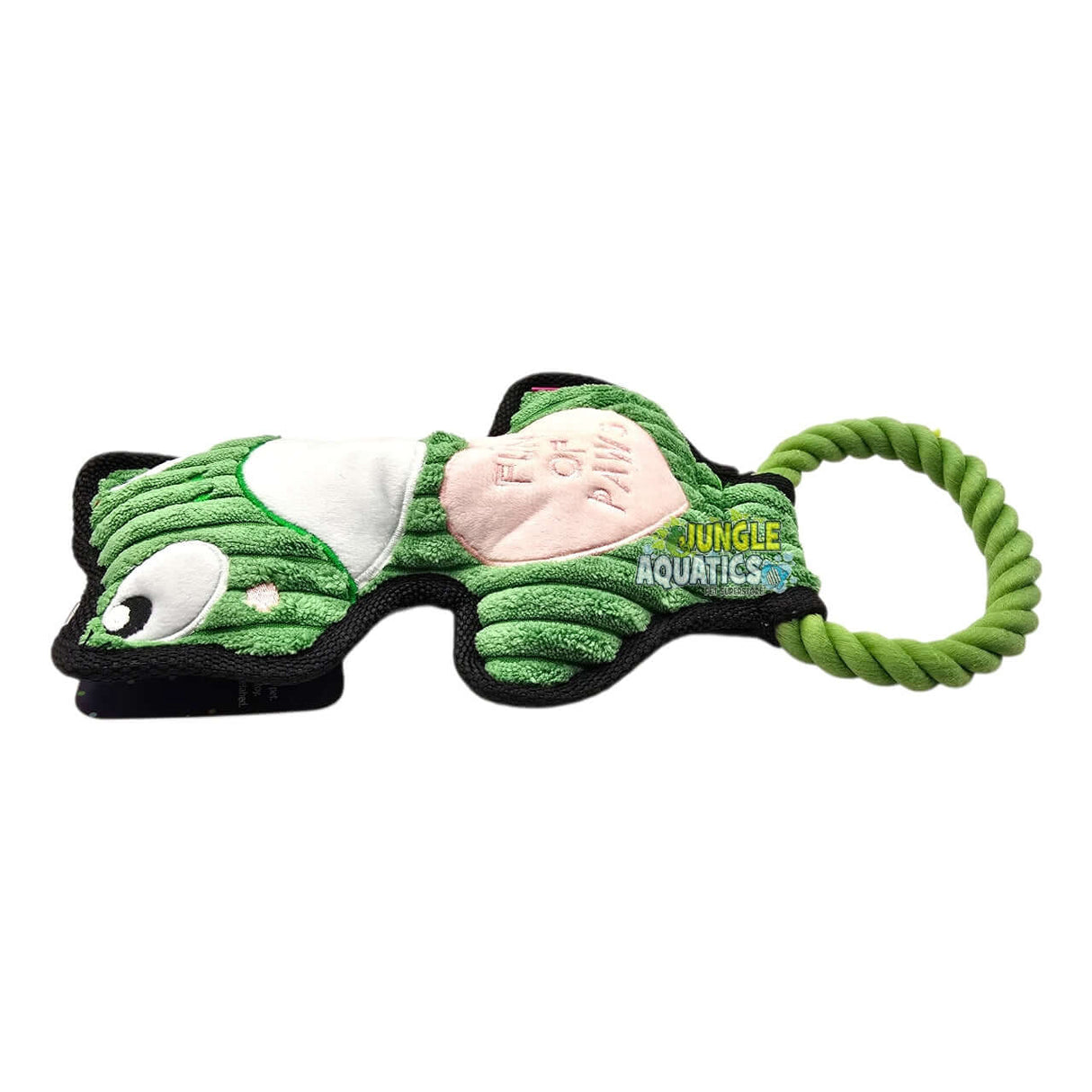 Q-Monster Dog Toy Green Frog plush toy with rope loop for interactive pet play.