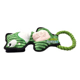 Q-Monster Dog Toy Green Frog plush toy with rope loop for interactive pet play.