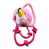 Q-Monster Dog Toy Pink Flamingo Large featuring plush body and rope legs for tugging and chewing.