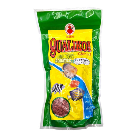 Qualikoi Cichlid Food 250g packed in a colorful bag for healthy fish nutrition and growth.