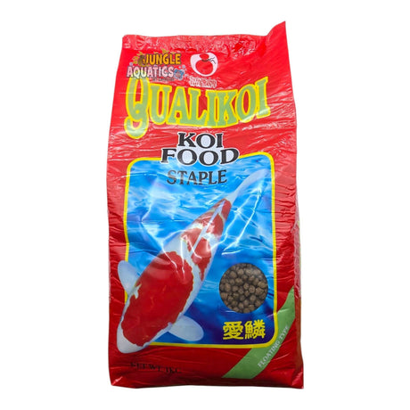 Qualikoi Staple Koi Food in a red packaging, ideal nutrition for healthy koi fish with 34% protein.