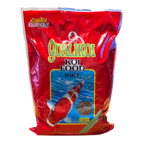 Qualikoi Staple Koi Food package featuring vibrant red design and koi imagery for healthy fish nutrition.