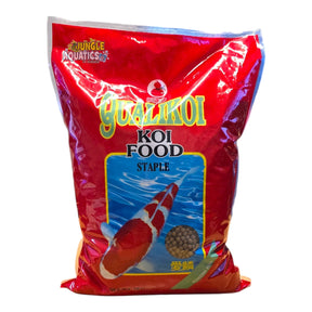 Qualikoi Staple Koi Food bag featuring red color and koi image, ideal nutrition for healthy koi fish.