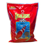 Qualikoi Staple Koi Food bag featuring koi fish image and high protein content for healthy koi nutrition.