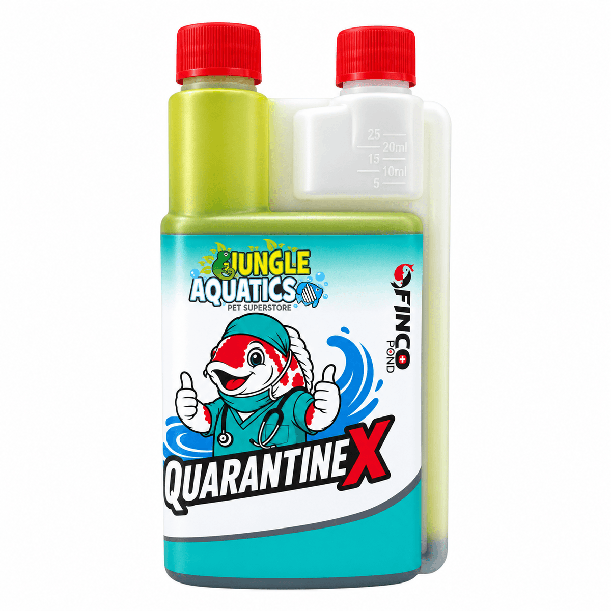 QuarantineX product for quarantine treatment of koi and ornamental pond fish in a vibrant bottle.