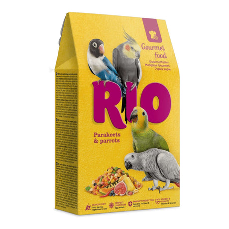 RIO Gourmet food for parakeets and parrots in 250g packaging with colorful birds on the box.