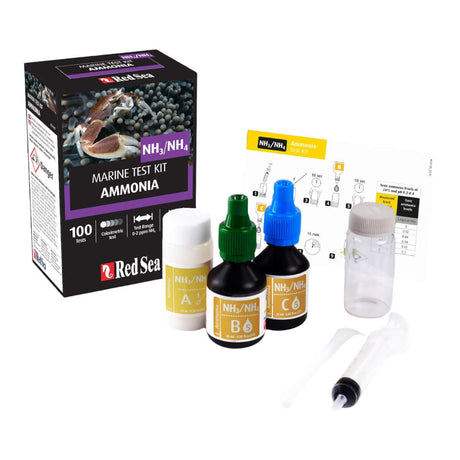 Red Sea MCP Ammonia Test Kit with bottles and instructions for accurate ammonia measurement in marine aquariums.