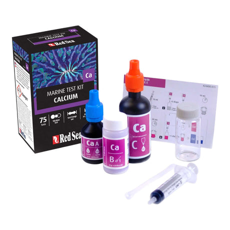 Red Sea MCP Calcium Test Kit components including reagents, syringe, and user guide for accurate aquarium calcium measurement.