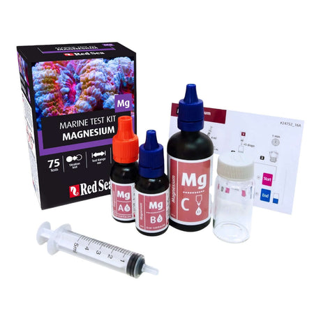Red Sea MCP Magnesium Test Kit with components including bottles, syringe, and instructions for accurate aquatic testing.
