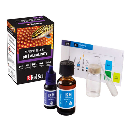 Red Sea MCP pH Alkalinity Test Kit with bottles and titration tools for marine aquariums.