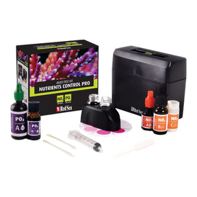 Red Sea Nutrients Algae Control Test Kit with test bottles and color comparator for accurate Nitrate and Phosphate measurement.