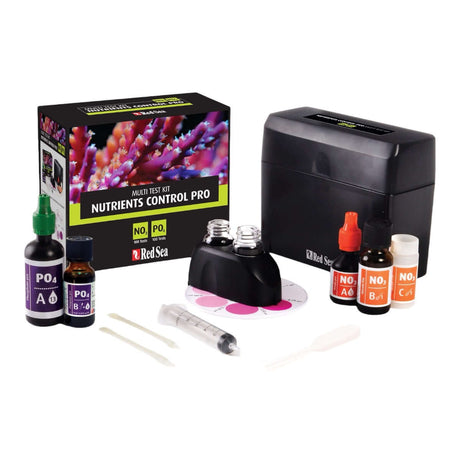 Red Sea Nutrients Algae Control Test Kit with test bottles and color comparator for accurate Nitrate and Phosphate measurement.