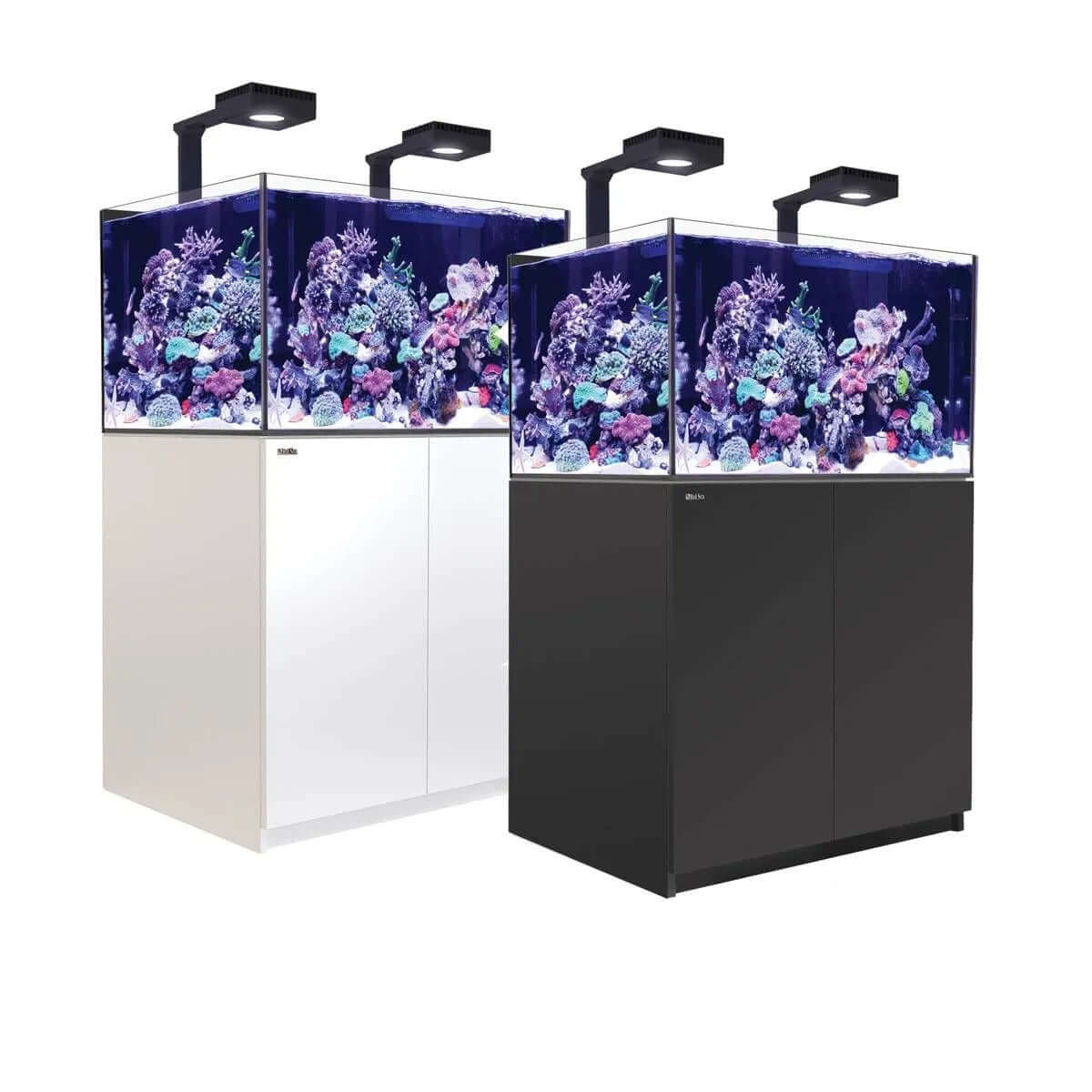 Red Sea Reefer G2+ 300 Aquarium in white and black cabinets with vibrant coral reef display and LED lighting.