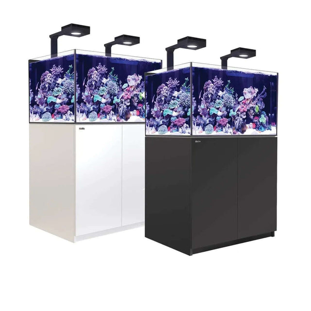 Red Sea Reefer G2+ 300 Aquarium in white and black cabinets with vibrant coral reef display and LED lighting.