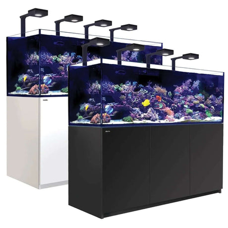 Red Sea Reefer G2+ 900 Aquarium with vibrant coral and fish, featuring sleek black and white cabinets.