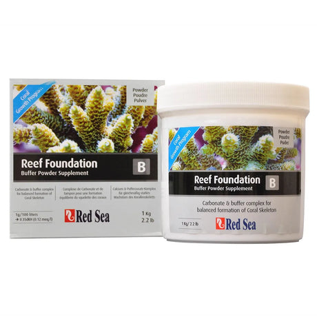Red Sea Reef Foundation Buffer Powder Supplement shown with its white plastic jar and matching retail box on a plain white background.