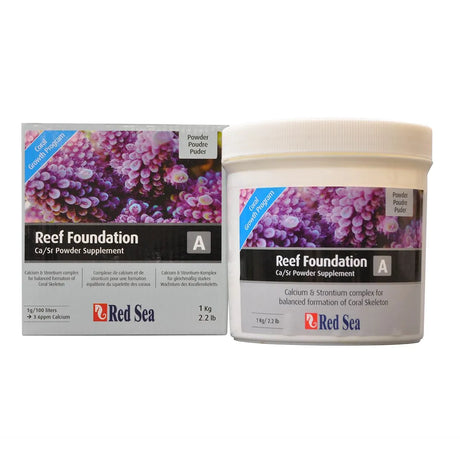 Red Sea Reef Foundation Ca/Si Powder Supplement shown as both its outer cardboard box and a white plastic jar with a matching label, featuring a purple coral image and a blue 'Great Value' ribbon.