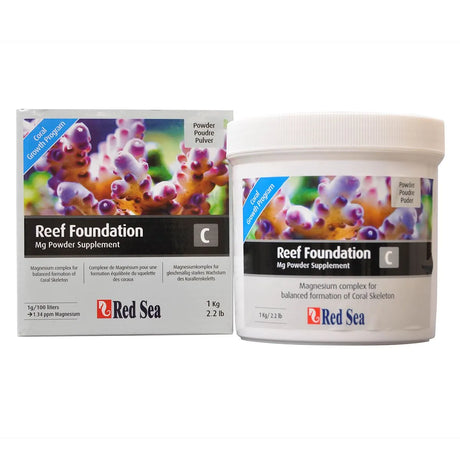 Red Sea Reef Foundation Mg Powder Supplement shown with its retail box and a white plastic tub on a plain white background.
