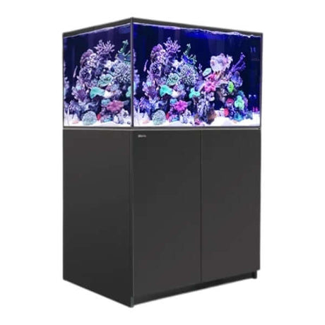 Red Sea Reefer G2+ 300 Aquarium with vibrant corals and sleek black cabinetry.