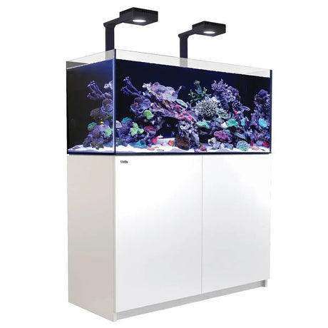 Red Sea Reefer G2+ 350 Aquarium with LED lights, showcasing vibrant corals and fish in a sleek white cabinet design.