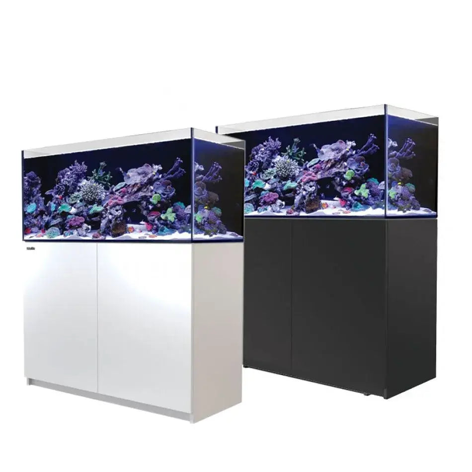 Red Sea Reefer G2+ 350 Aquarium in white and black, showcasing vibrant coral and marine life.