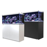 Red Sea Reefer G2+ 350 Aquarium in white and black, showcasing vibrant coral and marine life.