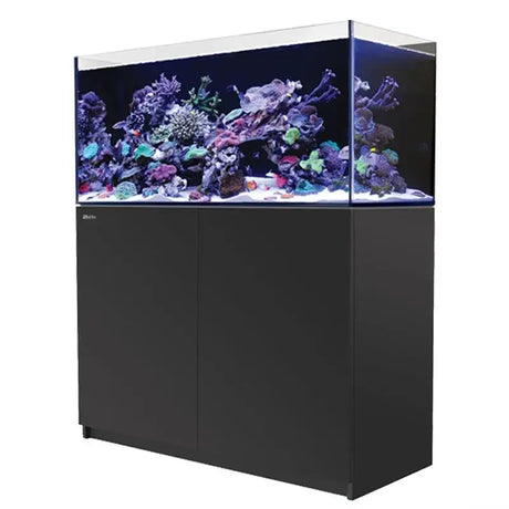 Red Sea Reefer G2+ 350 aquarium system showcasing vibrant coral and marine life in a sleek black cabinet design.