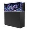 Red Sea Reefer G2+ 350 aquarium system showcasing vibrant coral and marine life in a sleek black cabinet design.