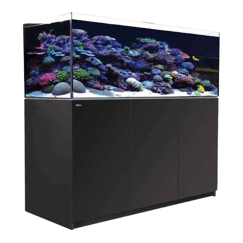 Red Sea Reefer G2+ 525 Aquarium showcasing a vibrant coral reef, with sleek black cabinetry and top-quality filtration system.