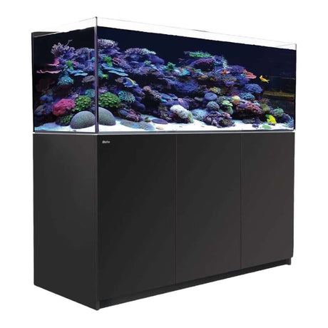 Red Sea Reefer G2+ 525 Aquarium showcasing a vibrant coral reef, with sleek black cabinetry and top-quality filtration system.