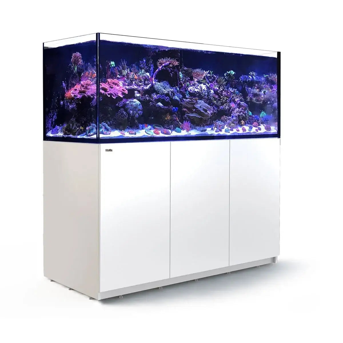 Red Sea Reefer G2+ 625 Aquarium showcasing vibrant coral and marine life in a sleek white cabinet.