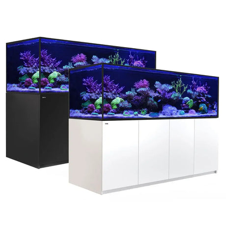 Red Sea Reefer G2+ S1000 Aquarium systems in black and white with vibrant coral and marine life.