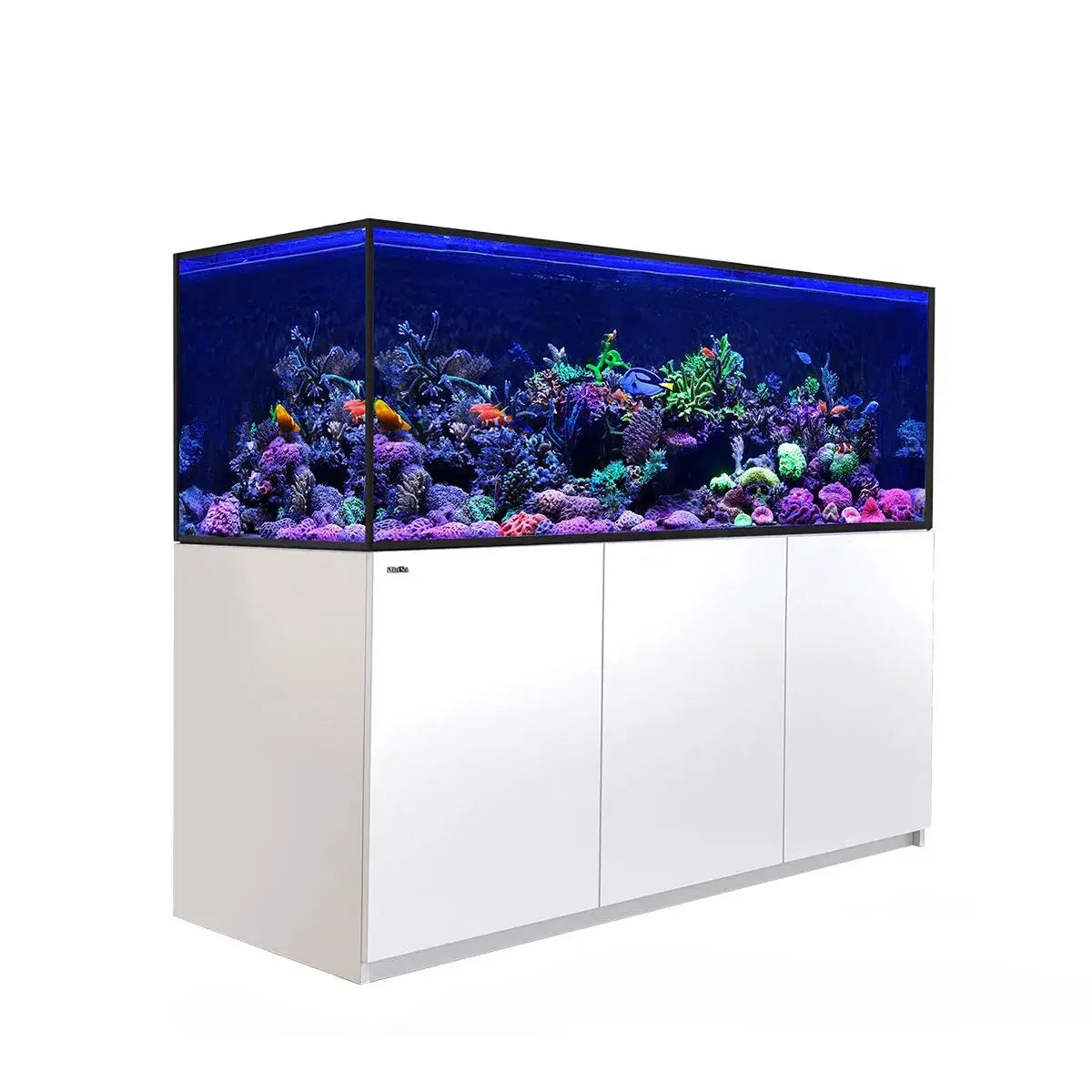 Red Sea Reefer G2+ S850 aquarium with vibrant coral and fish, featuring a sleek white cabinet design.