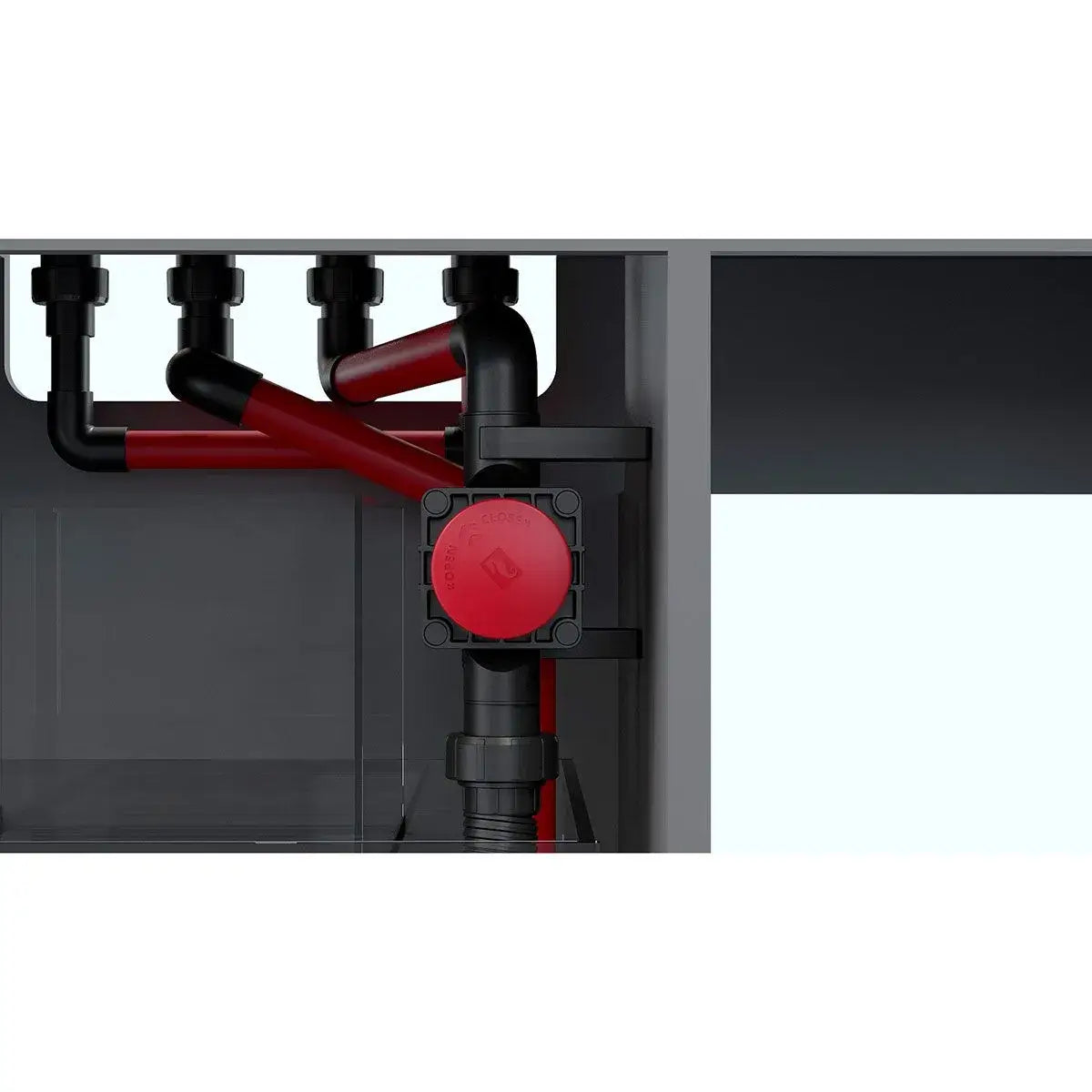 Interior view of Red Sea Reefer G2+ S850 aquarium plumbing system with black and red pipes.