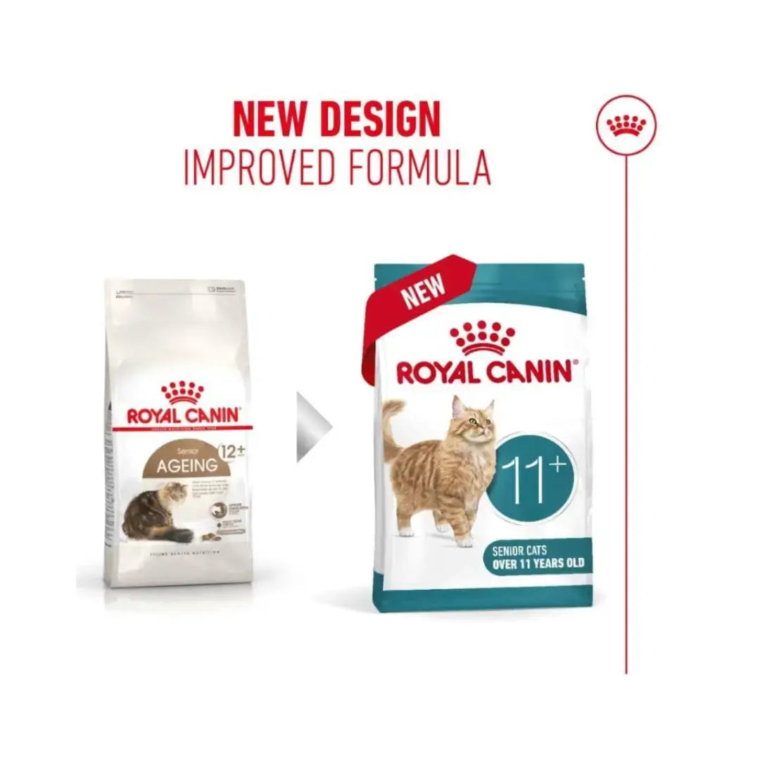 Image showcasing Royal Canin Ageing 11+ Dry Cat Food with new design and improved formula.