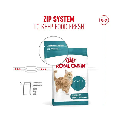 Royal Canin Ageing 11+ Dry Cat Food packaging with zip system for freshness, suitable for senior cats over 11 years old.