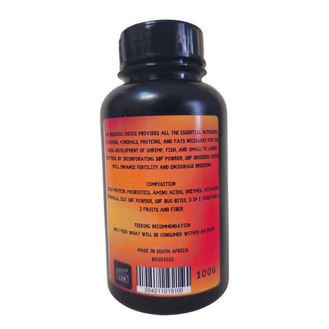 SBF Breeder Choice supplement bottle, essential nutrients for shrimp and fish health development.