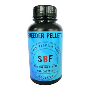 SBF Breeder Choice bottle for shrimp, fish, and critters with essential nutrients and pellets.