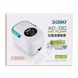 SOBO AQ Series AC/DC Air Pump packaging featuring model AQ-35S for aquarium and pond usage.