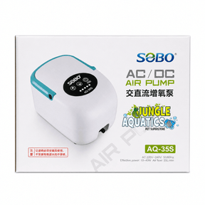 SOBO AQ Series AC/DC Air Pump packaging featuring model AQ-35S for aquarium and pond usage.