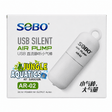 SOBO AR-02 Silent Usb Air Pump packaging showing USB silent air pump features and specifications