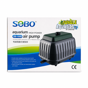 SOBO High Power Air Compressor SB-100B packaging featuring specifications and usage details for aquariums.