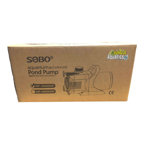 SOBO High-Performance Aquarium and Pond Pump packaging with model numbers WP-38000DDW and WP-48000DDW.