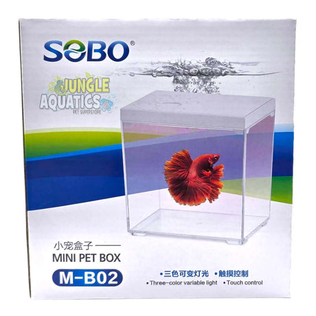 SOBO Mini Pet Box Betta Tank with LED displaying a Siamese Fighter fish in its clear aquarium.