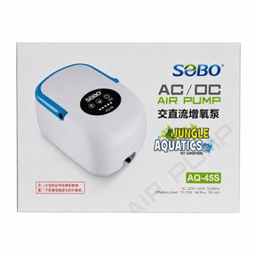 SOBO AQ Series AC/DC Air Pump packaging image showcasing its versatility for aquariums and ponds.
