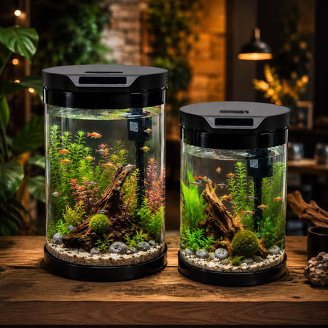 SOBO Q Series Round Shape Aquarium showcasing vibrant aquatic plants and colorful fish in a modern design.