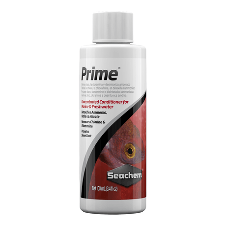 Seachem Prime 100ml water conditioner bottle for freshwater and saltwater aquariums, detoxifies ammonia and removes chlorine.