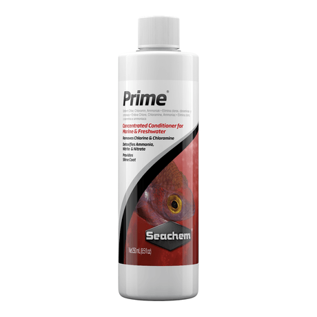 Seachem Prime 250ml water conditioner for freshwater and saltwater aquariums, removes chlorine and detoxifies ammonia.